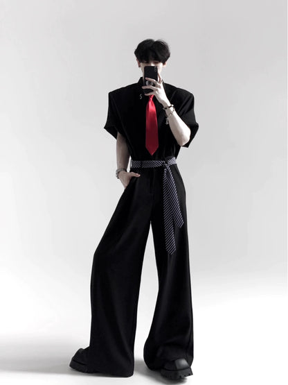 Metal Detail Shoulder-pad Short Sleeve Shirt & Tie WN20346