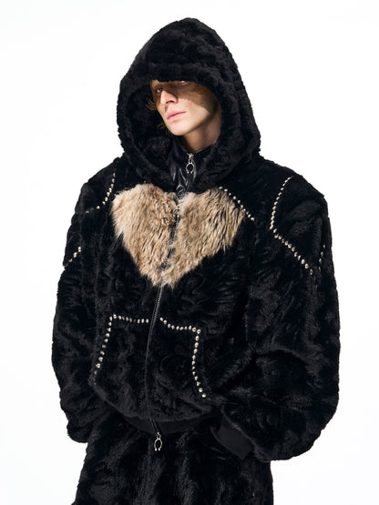 Colorblock Heart Thick Fake Mink Fur Hooded Jacket & Straight Wide Leg Pants Setup WN21838