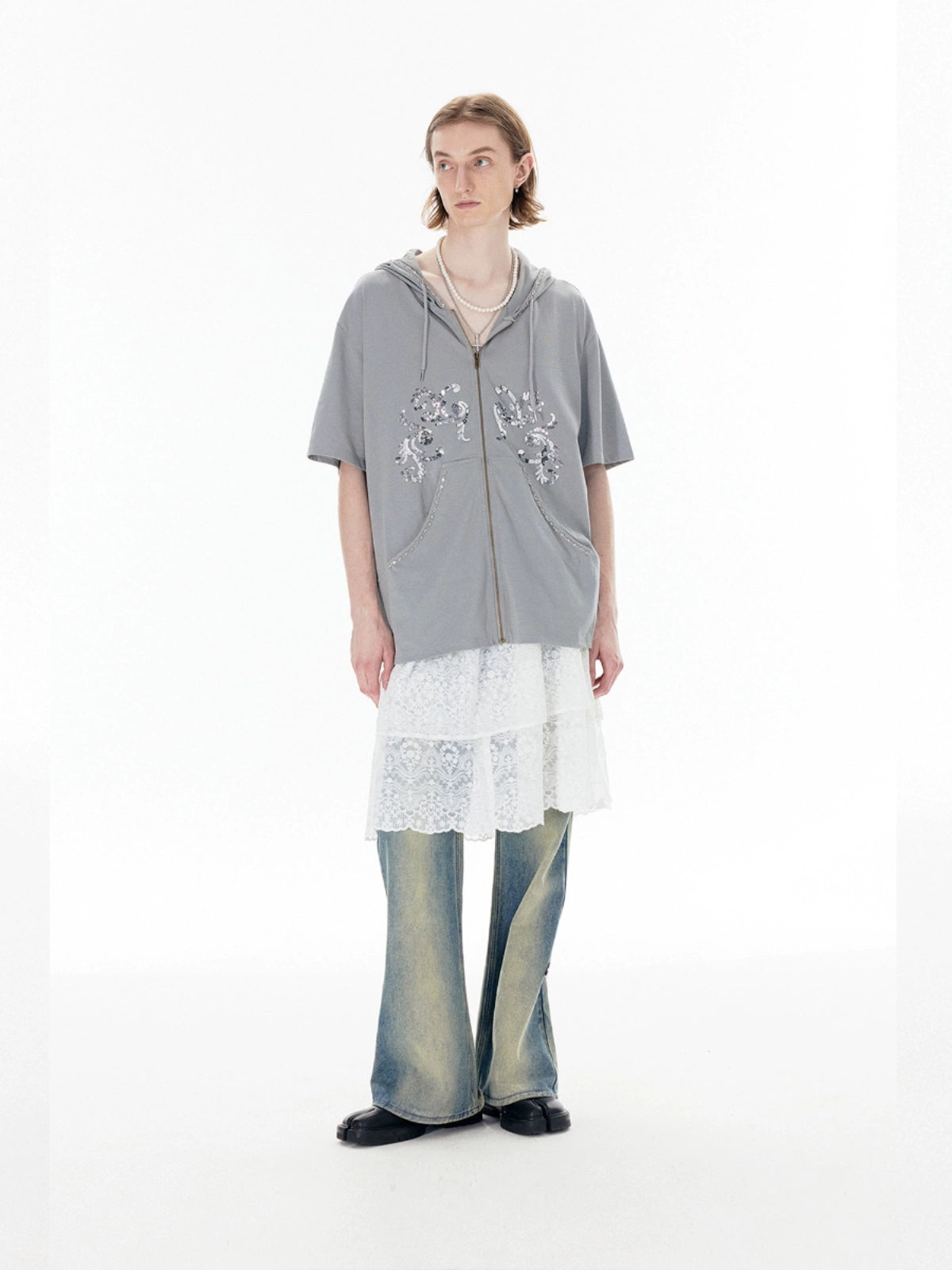 Sequin Pattern Embroidery Zipper Hoodie WN18952