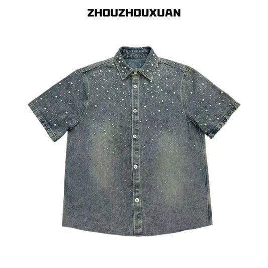 Pearl Decoration Wash Short Sleeve Denim Shirt WN20711