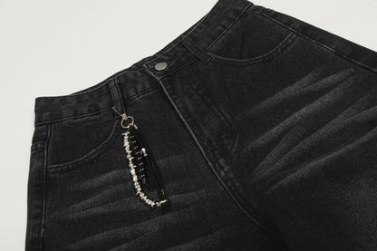Washed Studs Detail Wide Leg Denim Jeans WN25403