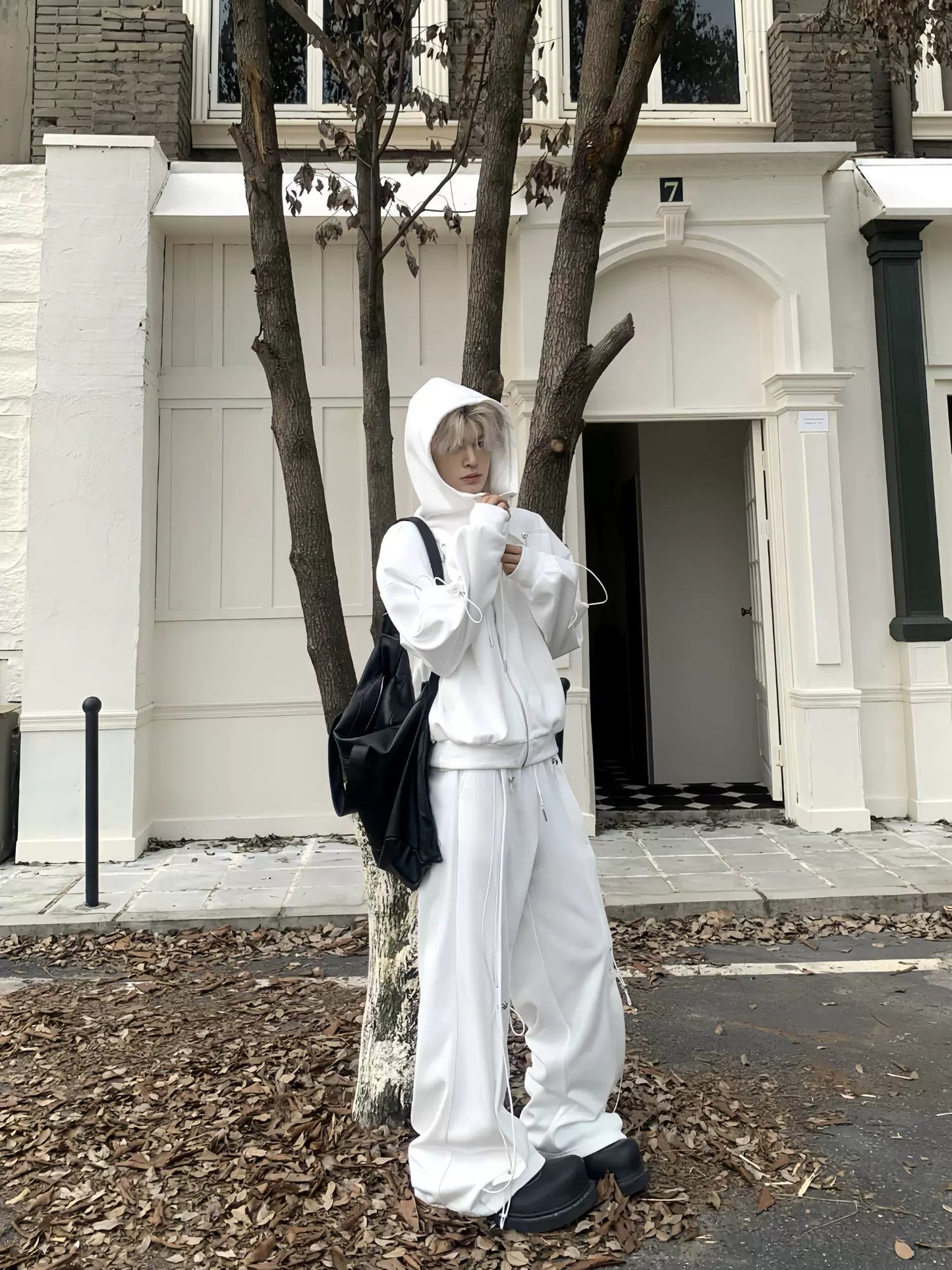 Drawstring Oversize Zipper Hoodie & Drawstring Wide Leg Sweatpants Setup WN19856