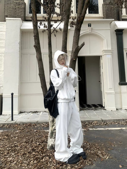 Drawstring Oversize Zipper Hoodie & Drawstring Wide Leg Sweatpants Setup WN19856
