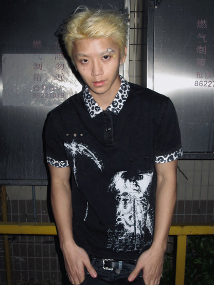 Leopard Collar Graphic Stud Short Sleeve Polo Shirt WN27152