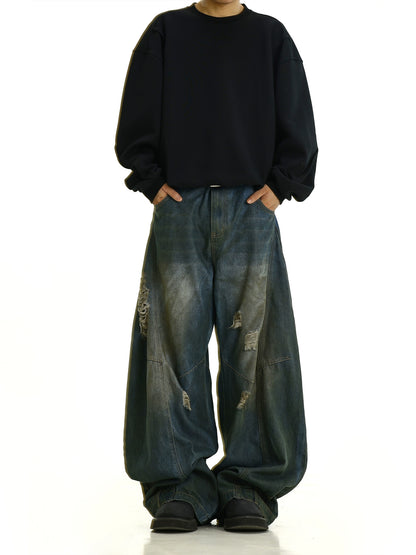 Washed Damage Paint Wide-Leg Denim Jeans WN10624