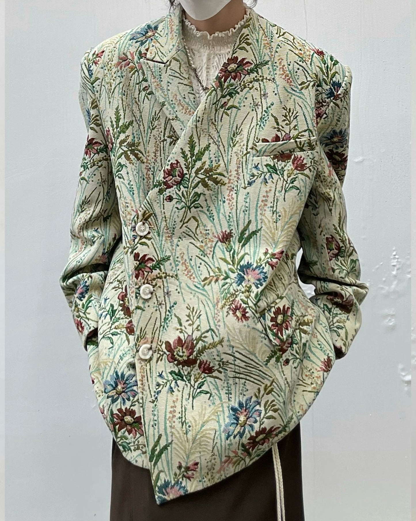 Floral Shoulder-Pad Jacquard Tailored Jacket WN20023