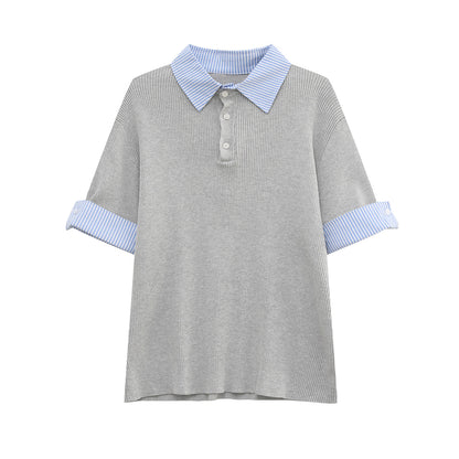 Fake Layered Stripe Collar Short Sleeve Polo Shirt WN24899