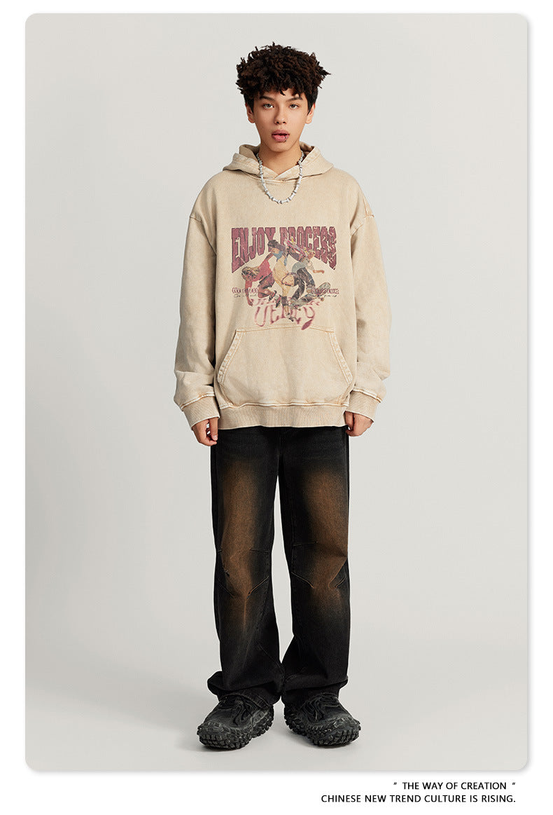 Washed Oversize Skateboard Print Hoodie WN7819