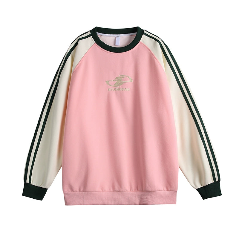 Stripe Raglan Sleeve Embroidery Oversize Sweatshirt WN10445