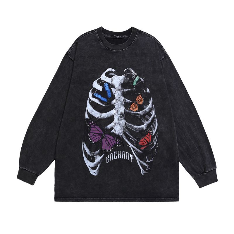 Washed Skull Butterfly Print Long Sleeve T-Shirt WN11290