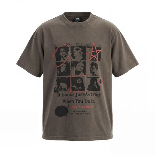 Washed Portrait Letter Print Short Sleeve T-Shirt WN25461