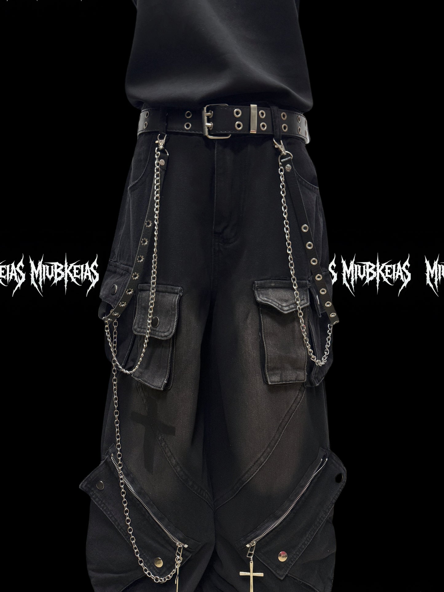 Chain Strap Pocket Letter Print Cargo Denim Jeans & Skull Belt & Belt Chain WN23783
