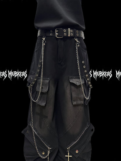 Chain Strap Pocket Letter Print Cargo Denim Jeans & Skull Belt & Belt Chain WN23783