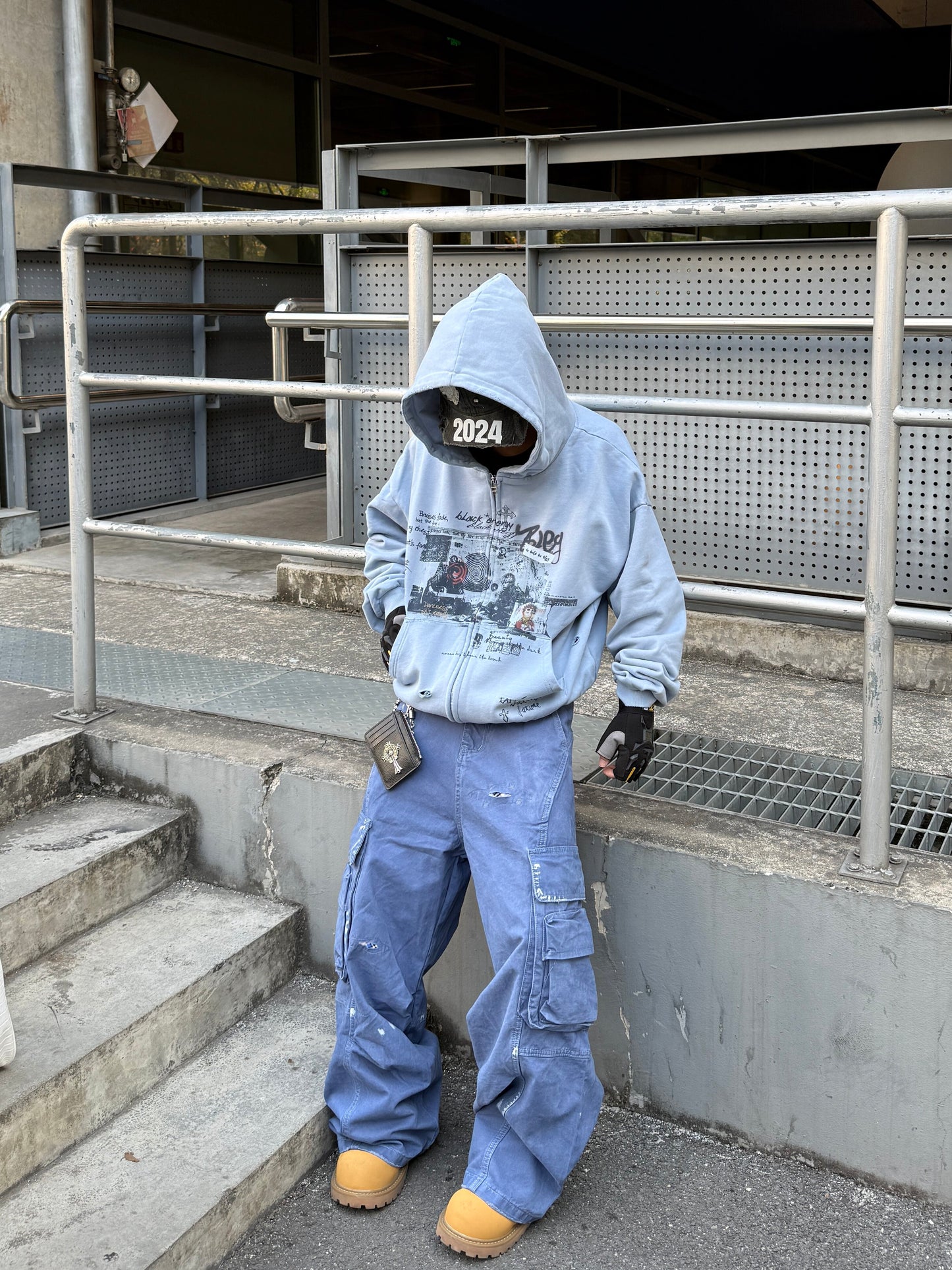 Washed Patch Damage Straight Cargo Denim Jeans WN24100