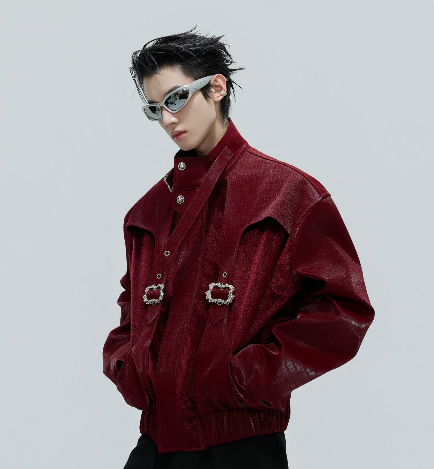 Crocodile Texture Standing-Collar PU Leather Jacket WN21752