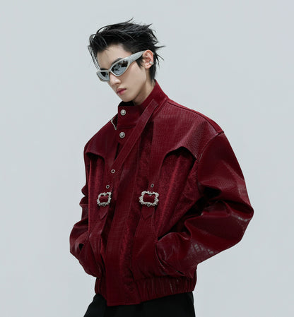 Crocodile Texture Standing-Collar PU Leather Jacket WN21752