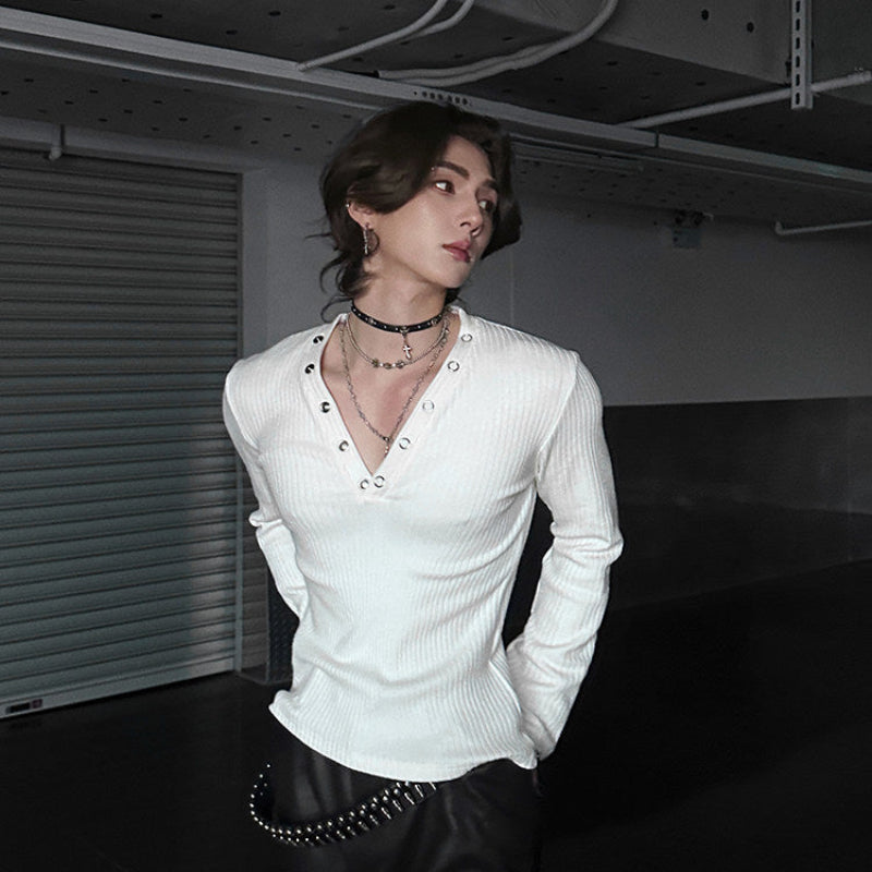 Deep V-Neck Eyelet Rib Long Sleeve T-Shirt WN25148