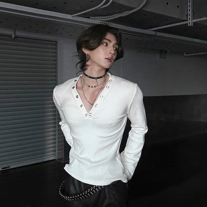 Deep V-Neck Eyelet Rib Long Sleeve T-Shirt WN25148