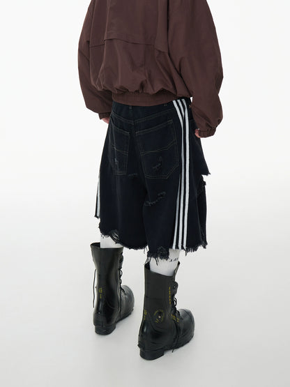 Washed Damage Fringe Wide Leg Three-Stripe Half Denim Jeans WN16960