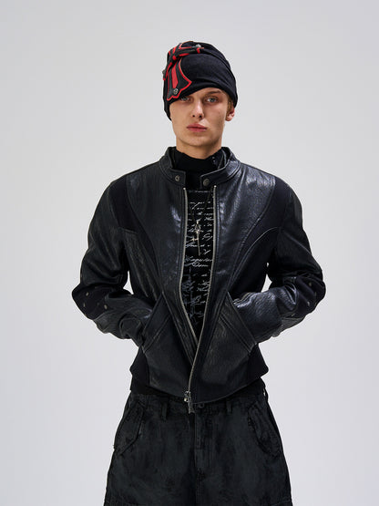 Irregular Panel Stand Neck PU Leather Jacket WN27442