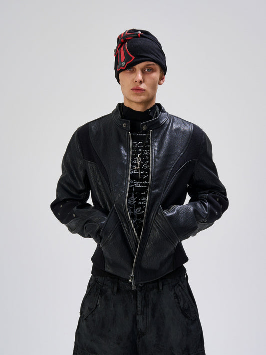 Irregular Panel Stand Neck PU Leather Jacket WN27442