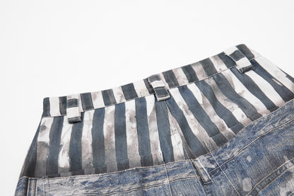 Star Print Fake Layered Curved Wide Leg Denim Jeans WN25728