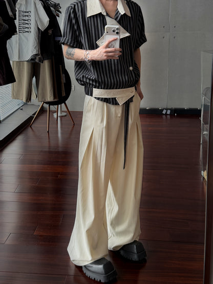 Deconstructed Stripe Embroidery Short Sleeve Shirt & Wide Leg Pants Setup WN27012