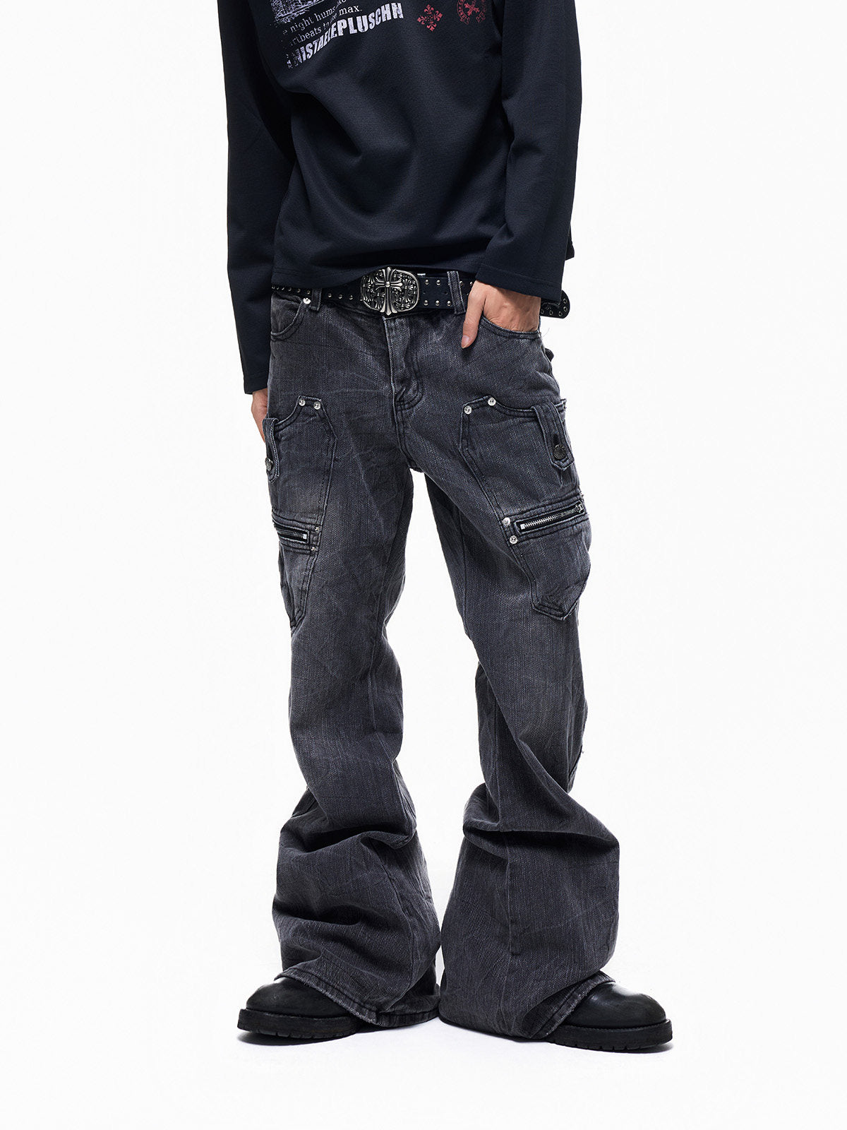 Multi-Pocket Panel Washed Wide Leg Denim Jeans WN27345