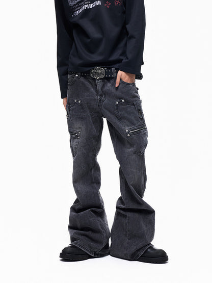 Multi-Pocket Panel Washed Wide Leg Denim Jeans WN27345