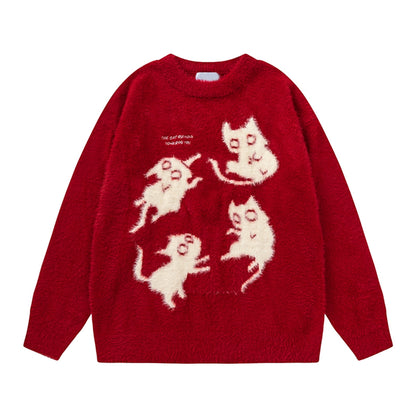 Cat Design Oversize Knit Sweater WN10239