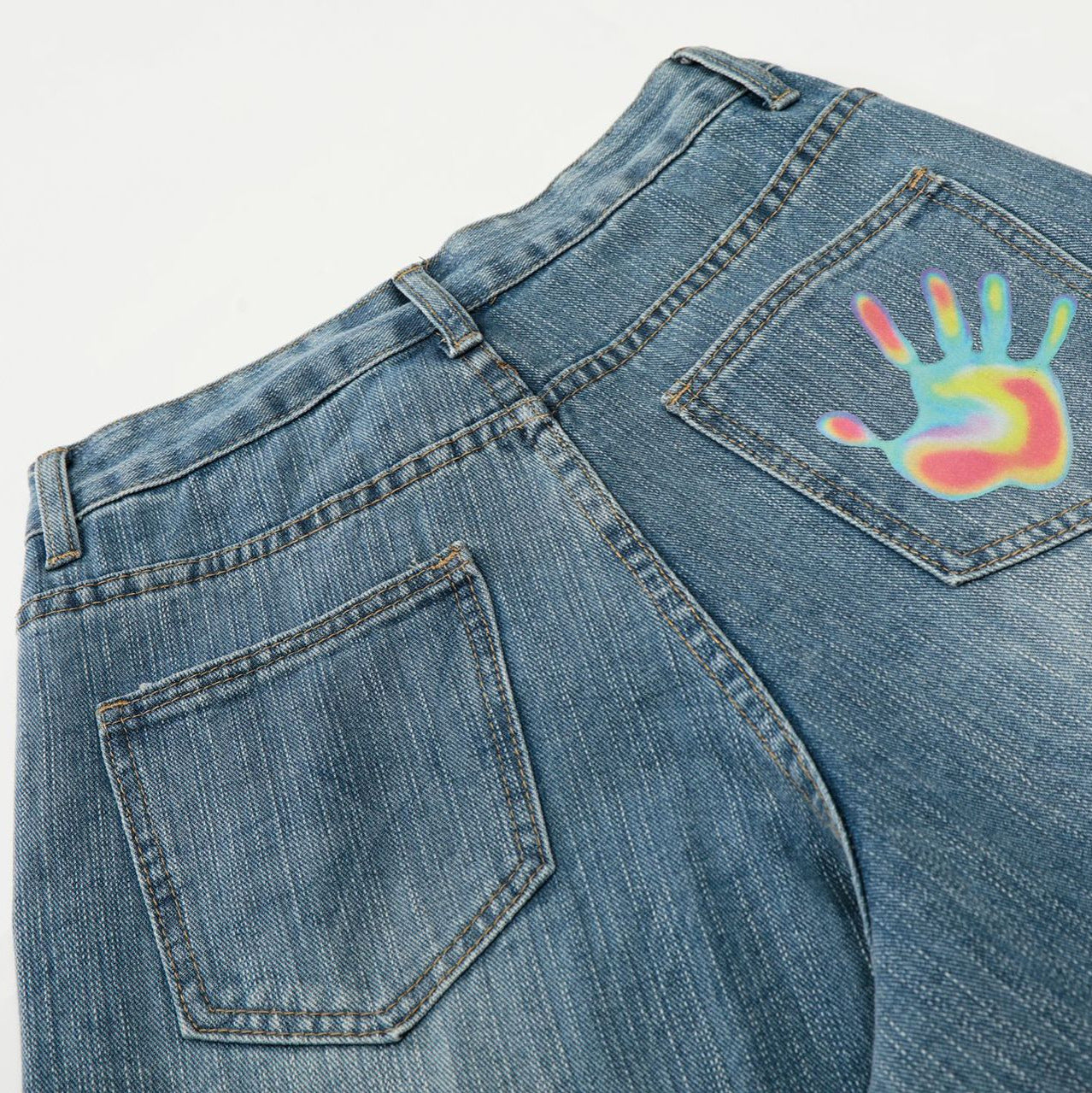 Star Heart Print Curved Wide Leg Denim Jeans WN25731