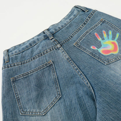 Star Heart Print Curved Wide Leg Denim Jeans WN25731