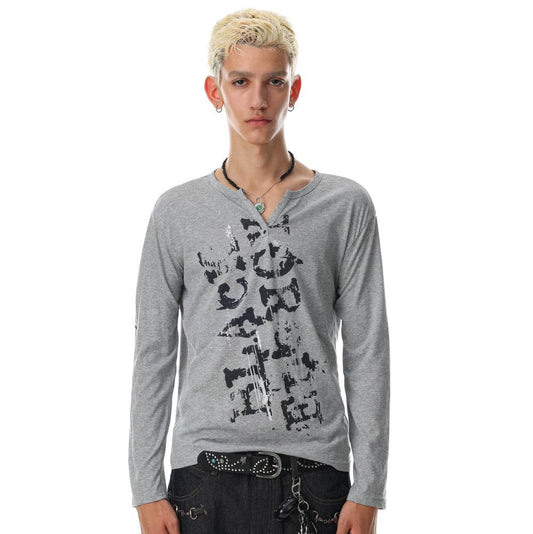 Graphic Print Notched Neck Long Sleeve T-Shirt WN28076