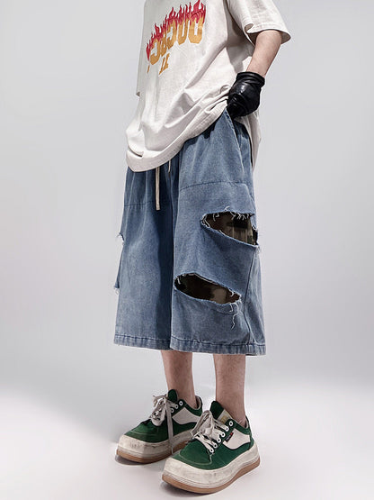 Damage Wide Leg Denim Half Jeans WN24013