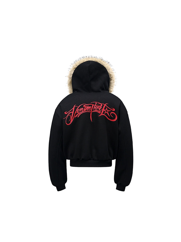 Hooded Embroidered Fake Fur Padded Jacket WN22201