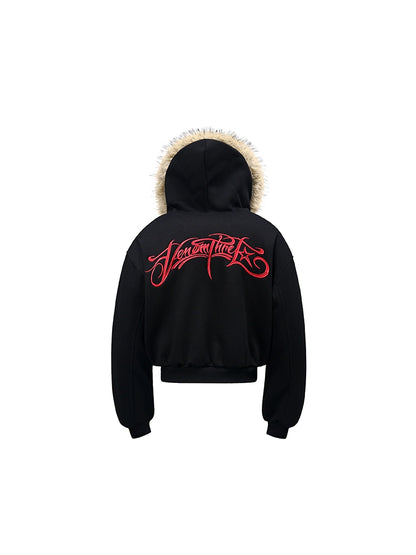 Hooded Embroidered Fake Fur Padded Jacket WN22201