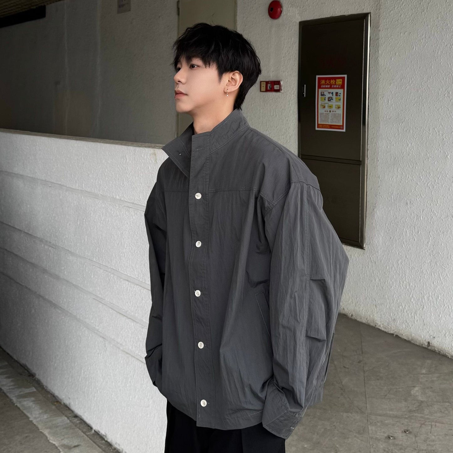 Wrinkle Standing-Collar Long Sleeve Shirt WN25361