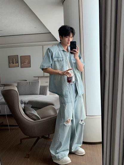 Damage Denim Short Sleeve Shirt & Denim Jeans Setup WN20423