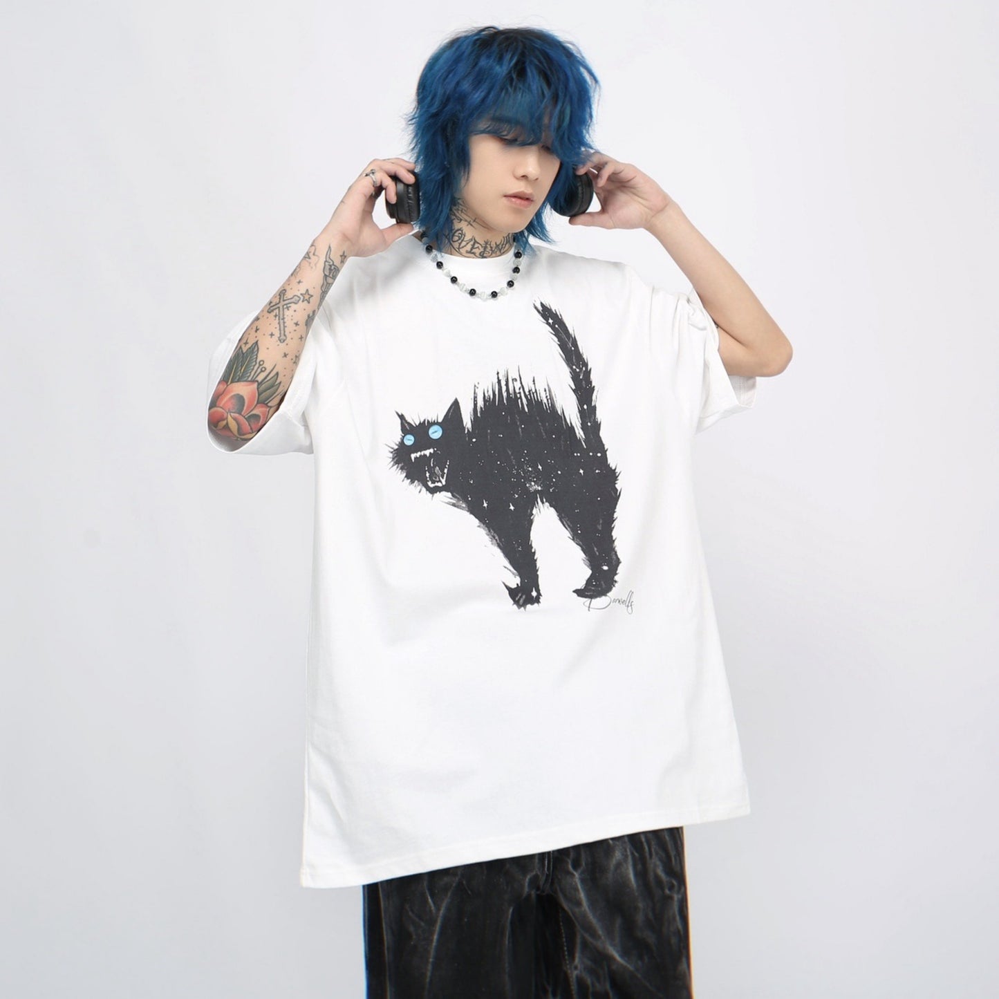 Cat Print Overaize Short Sleeve T-Shirt WN5854