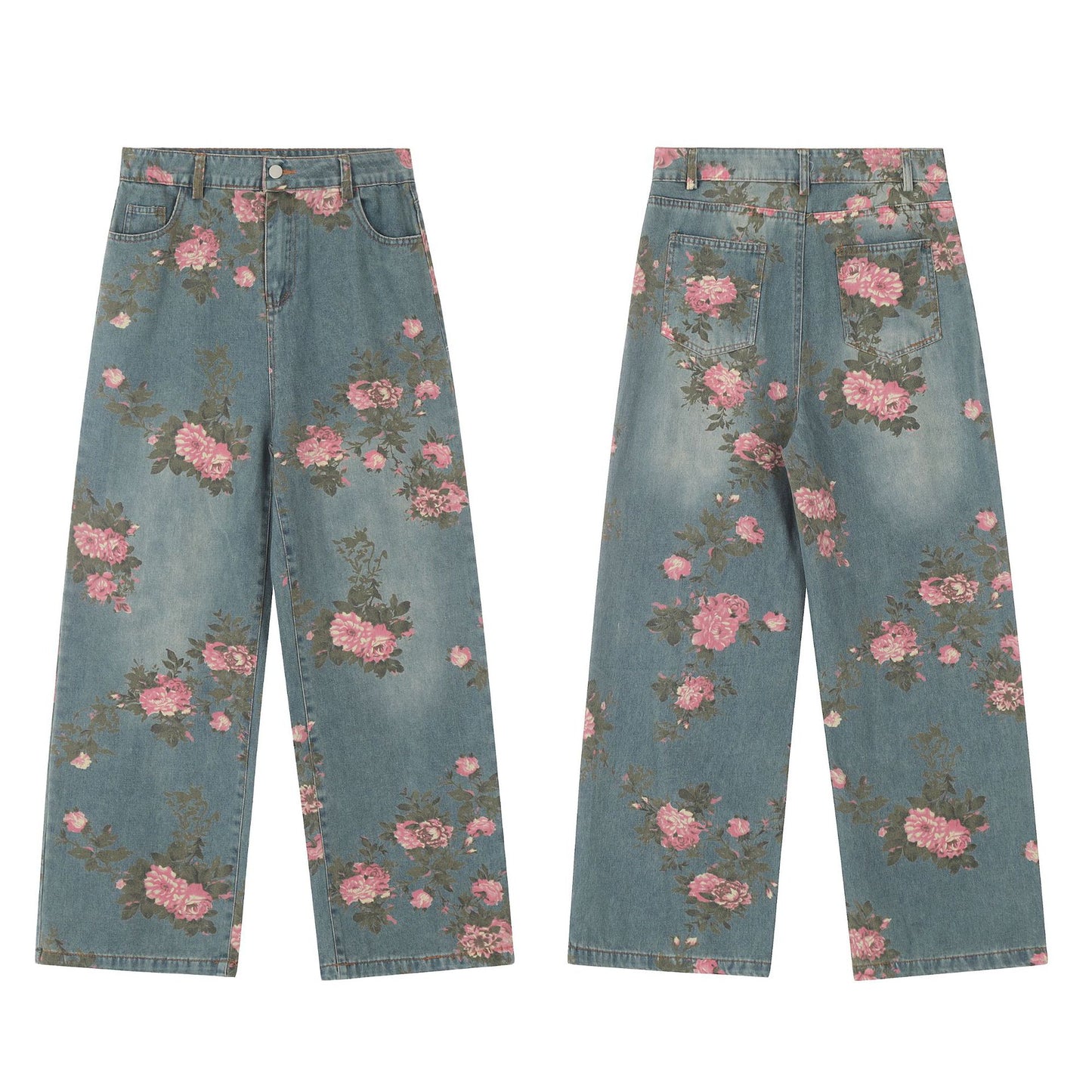 Froral Print Wide-Leg Straight Denim Jeans WN11109