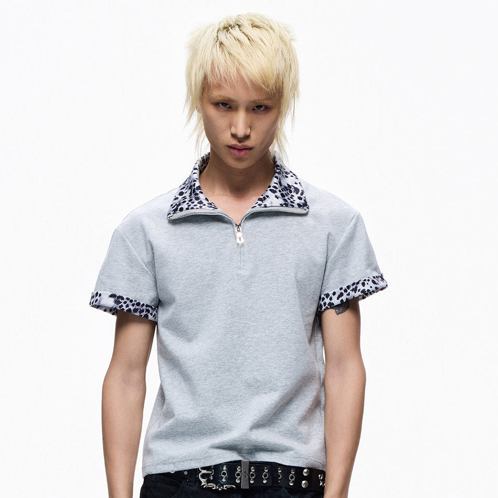 Leopard Trim Half-Zip Short Sleeve T-Shirt WN27258