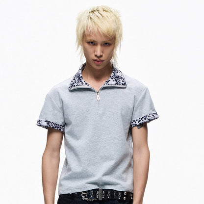 Leopard Trim Half-Zip Short Sleeve T-Shirt WN27258