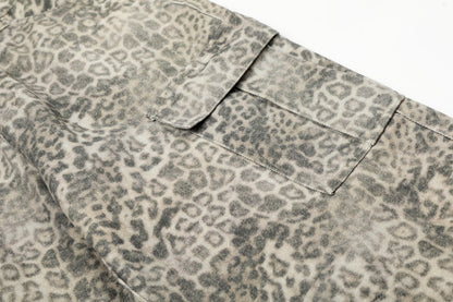 Leopard Print Washed Multi-Pocket Wide Leg Denim Jeans WN27926
