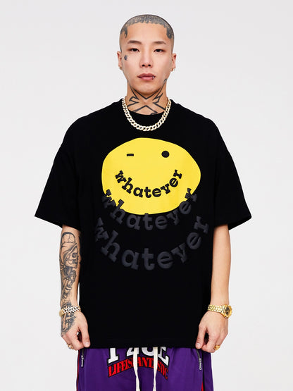 Smiley Face Raised Print Pure Cotton Short Sleeve T-Shirt WN12218