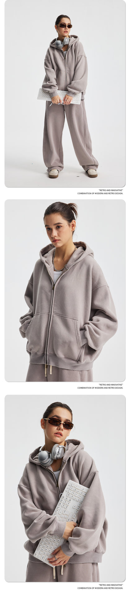 Fleece Lining Zip-Up Wax Dye Zipper Hoodie & Wide Leg Pants Sweatpants WN23112