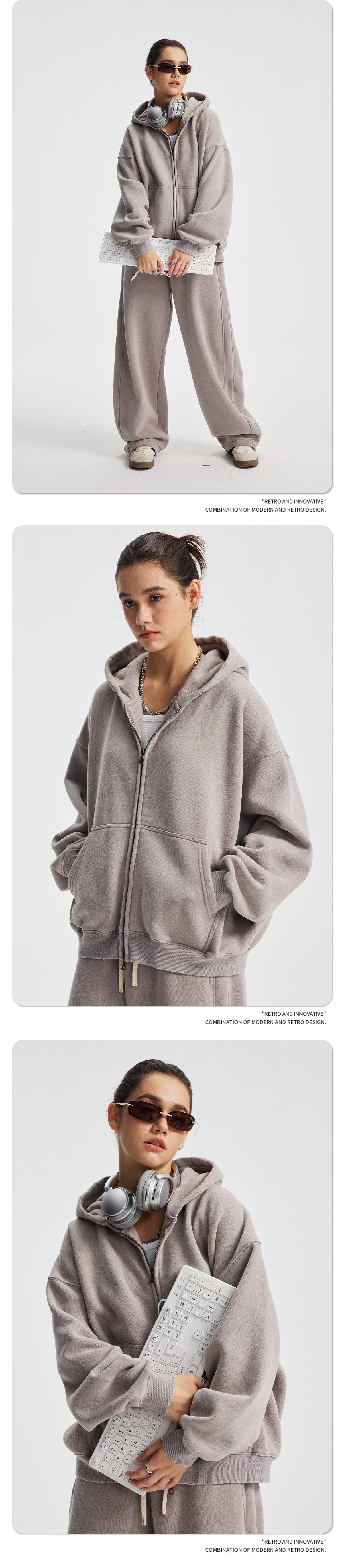 Fleece Lining Zip-Up Wax Dye Zipper Hoodie WN23111