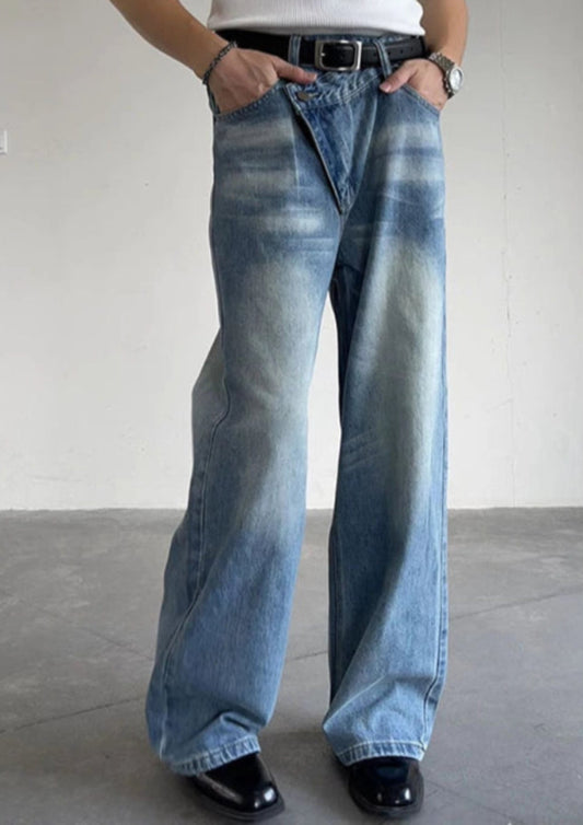 Asymmetrical Waist Washed Denim Jeans WN19329