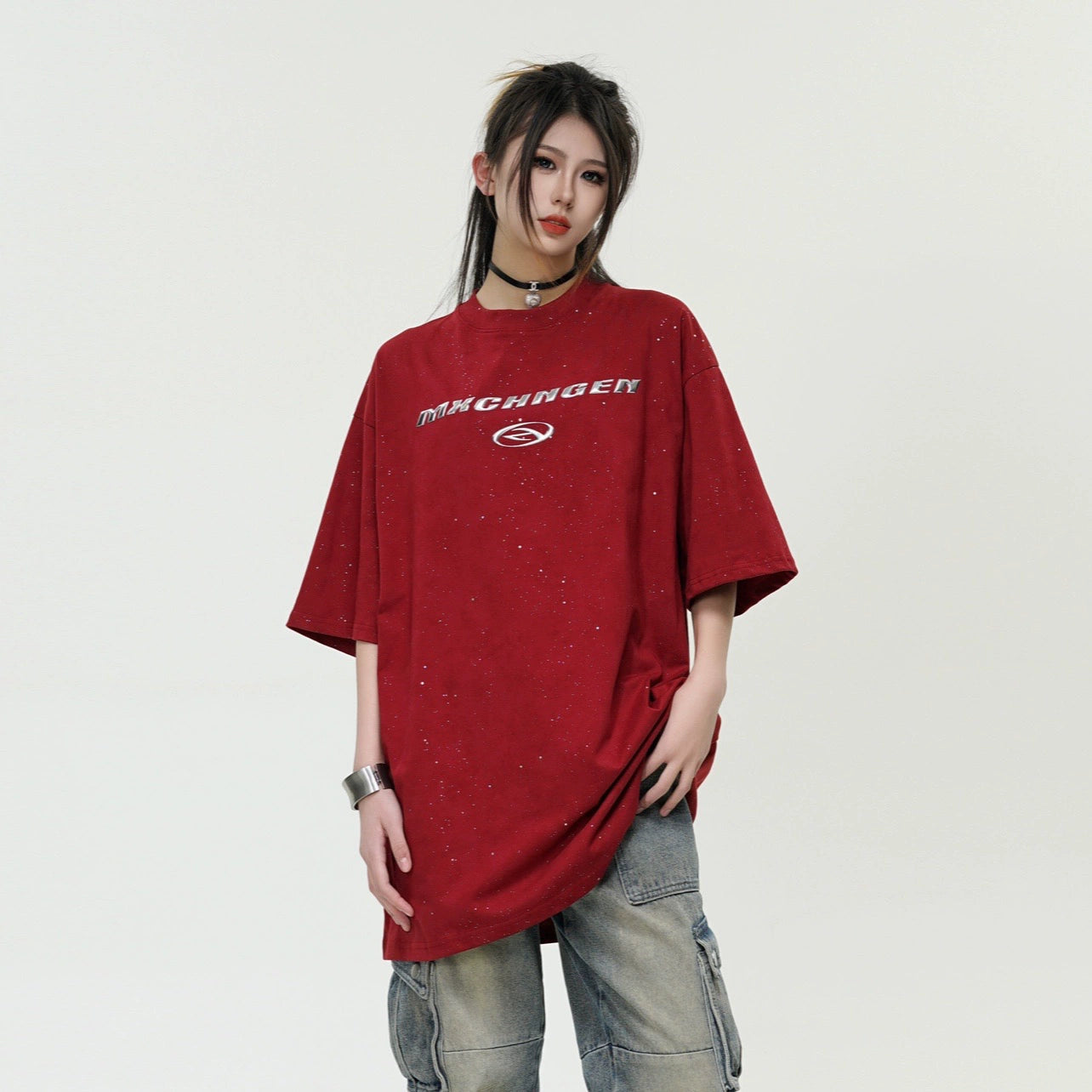 Oversize Metallic Letter Short Sleeve T-shirt WN6534