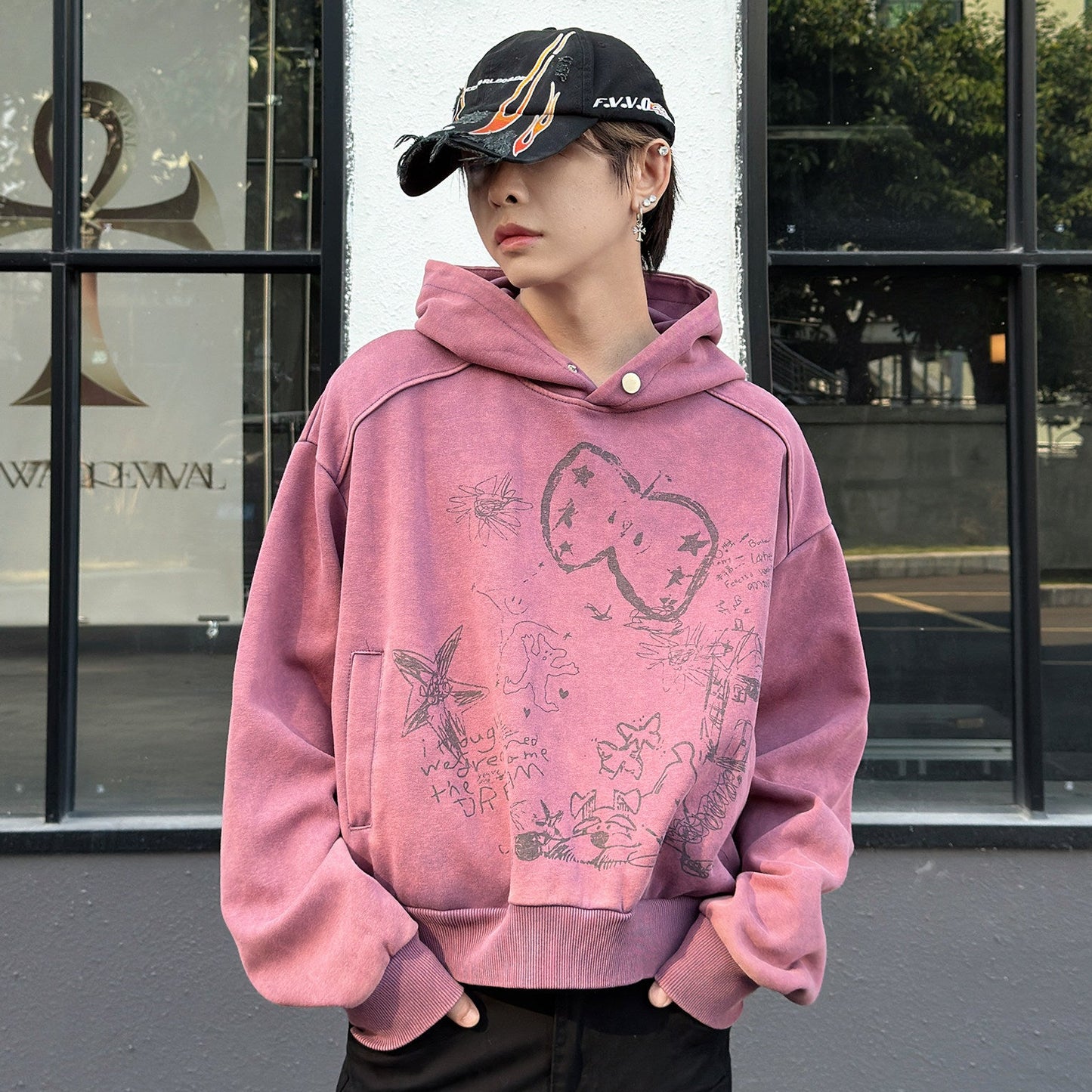 Graffiti Print Oversize Short Pullover Hoodie WN23012