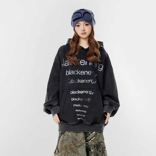 Washed Letter Print Hoodie WN25506